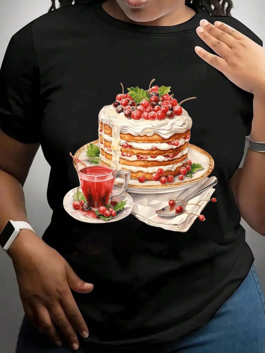 Talla grande - Camiseta casual de manga corta y cuello redondo para mujer, en color negro, con diseños de pasteles en capas y té fuerte, adecuada para todas las estaciones y perfecta para uso casual. playeras de mujer algodon  blusa negras para dama - Negro - Ver 1