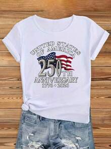 1 Pieza Moda Informal Para Hombres Y Independencia de las Mujeres Día UNIDO ESTADOS OF AMÉRICA 250º ANIVERSARIO 1776 2026 Hermoso A la moda, Elegante Fiesta Elástico Lindo Deportes Regalo Suave Máquina Lavable Inicio Informal Redondo Cuello Corto Manga Camiseta Cómodo Versátil, fácil de combinar, adecuado para el uso diario, estilo urbano, conjuntos de vacaciones, conjuntos de fin de semana. - Blanco - Ver 7