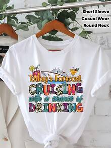Camiseta casual versátil para mujer, hecha de algodón puro para una comodidad excepcional, diseño sencillo para una moda diaria sin esfuerzo. Camiseta para mujer con el estampado "Navegar cuando hay oportunidad de beber" - top casual de manga corta con cuello redondo, con diseños vívidos de palmeras y barcos, perfecta para verano y primavera, de corte holgado. - Blanco - Ver 1