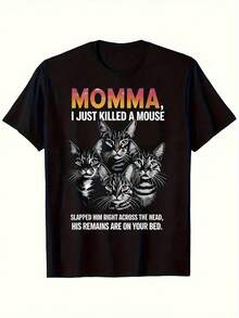 Camiseta de talla grande para mujer con estampado humor■stico de gato "Mam£, acabo de matar un ratn" - Estilo casual con 3 gatos de dibujos animados y fuente en negrita, regalo divertido para amantes de los gatos, lavable a m£quina, para toda temporada | Diseo interesante | Ajuste cmodo, disfraz - Negro - Ver 2