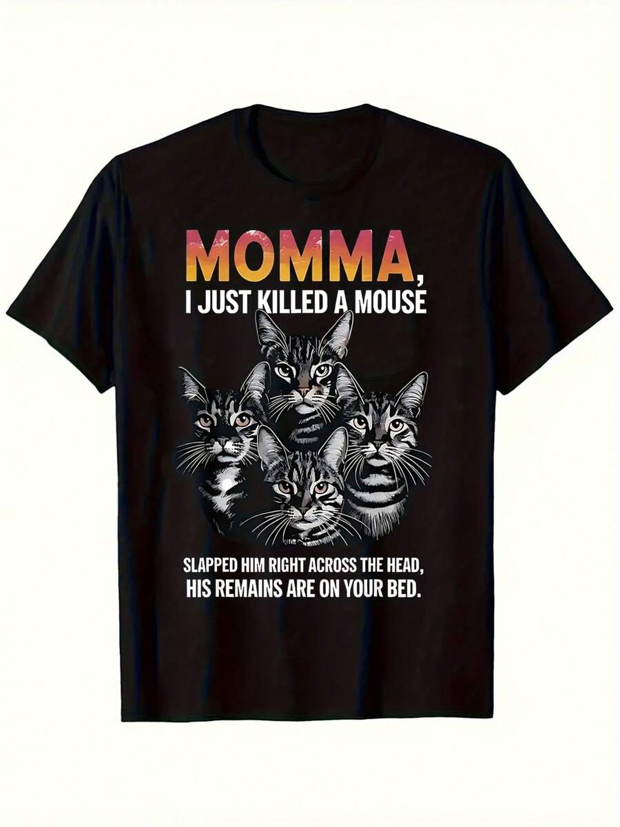 Camiseta de talla grande para mujer con estampado humor￭stico de gato "Mam£, acabo de matar un rat￳n" - Estilo casual con 3 gatos de dibujos animados y fuente en negrita, regalo divertido para amantes de los gatos, lavable a m£quina, para toda temporada | Dise￱o interesante | Ajuste c￳modo, disfraz
