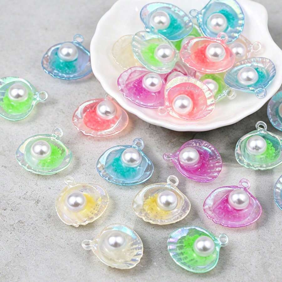 5-20 chiếc mặt dây chuyền ngọc trai hình vỏ sò lấp lánh bằng acrylic dễ thương, phụ kiện tự làm trang sức cho vòng cổ và vòng tay.