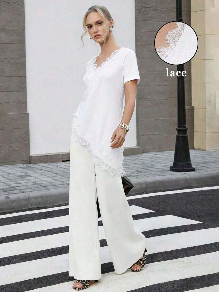 Women's T-Shirt With Ruffled Collar And Lace, Elegant And Fashionable, Suitable For Valentine's Day, Weddings, Holidays, Casual Outings, Parties, With An Asymmetrical Hem And Stretchy Fabric - 白色的 - 查看 1