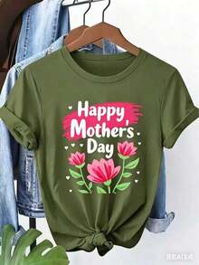 Camiseta de manga corta para mujer, estampado floral "Feliz Día de la Madre", cuello redondo, lavable a máquina, suave al tacto, transpirable, adecuada para primavera, verano y otoño. Cálido, personalizado, informal, fácil de combinar, adecuado para el uso diario. Top de Mujer en Tallas S-XXL. Adecuado para celebraciones del Día de la Madre, salidas familiares y otras ocasiones. - Verde - Ver 3