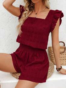 Conjunto de dos piezas para mujeres de vacaciones de verano con top de manga corta con cuello cuadrado y shorts de unicolor - Burdeos - Ver 3