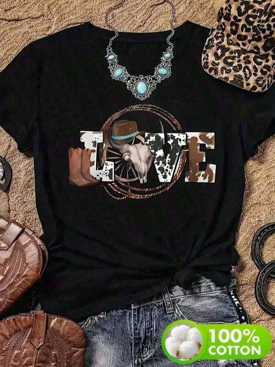 Camiseta casual de mujer estilo denim con estampado de la palabra LOVE y elementos occidentales, tela suave, corte holgado, cuello redondo, mangas cortas para fiestas al aire libre en primavera/verano. - Negro - Ver 1