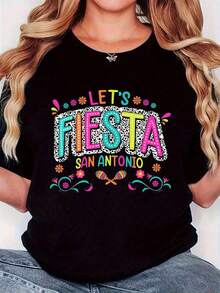 Women's Black Graphic T-Shirt For The Feast Of Saint Anthony, With A Minimalist Retro Print, Short Sleeves, Soft Round Neck, Vibrant Floral And Maraca Print, For Casual Wear, Themed And Cultural Events, With A Relaxed Fit - 黑色 - 查看 1