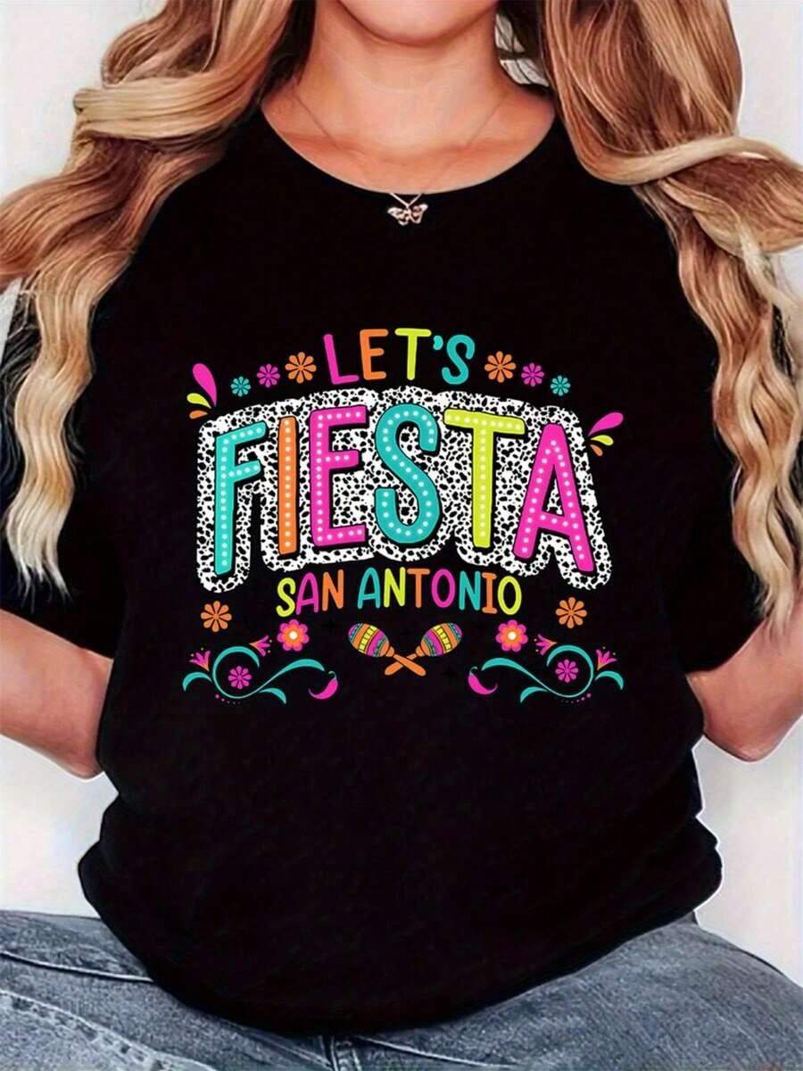 Women's Black Graphic T-Shirt For The Feast Of Saint Anthony, With A Minimalist Retro Print, Short Sleeves, Soft Round Neck, Vibrant Floral And Maraca Print, For Casual Wear, Themed And Cultural Events, With A Relaxed Fit - 黑色 - 查看 1