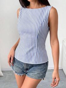 Camisa ajustada sin mangas de unicolor con lazo en la espalda, sexy y elegante para uso casual, adecuada para citas, vacaciones, oficina/negocios, primavera/verano - Azul y blanco - Ver 5