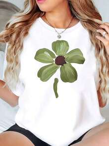 New Women's Summer Casual T-Shirt, Plus Size, Loose Fit - White And Green Geometric Floral Print, Short Sleeve, Round Neck, Machine Washable For Daily Wear And Leisure Activities, Comfortable Fabric (220g) - Unisex Cotton T-Shirt, Short Sleeve, Round Neck, Urban Vintage Style - 白色 - 查看 6