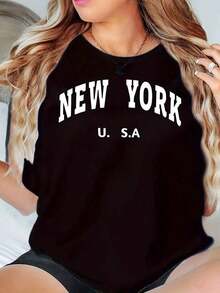 New Women's Casual Summer T-Shirt, White, With Round Neck And NEW YORK, USA Print, Loose Fit, 220g - Urban Vintage Style, Unisex, Cotton, Short Sleeve, Round Neck - 黑色 - 查看 1