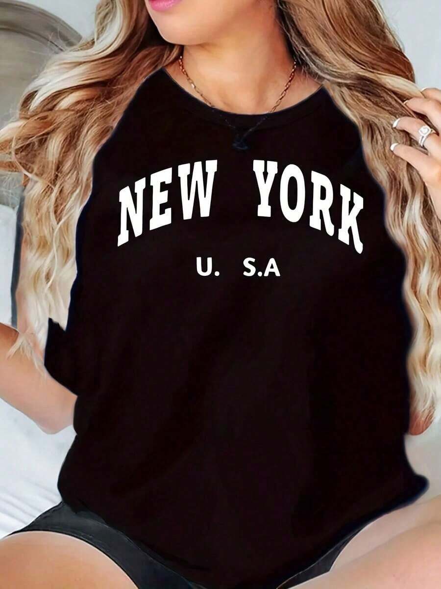New Women's Casual Summer T-Shirt, White, With Round Neck And NEW YORK, USA Print, Loose Fit, 220g - Urban Vintage Style, Unisex, Cotton, Short Sleeve, Round Neck - 黑色 - 查看 1