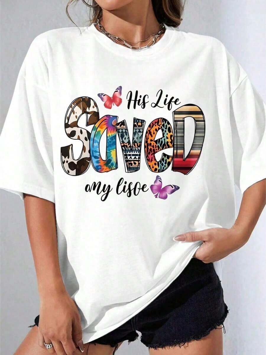 Women's Black And White T-Shirt, Oversized White T-Shirt With Butterfly And Animal Graphic Print, Casual Wear For Everyday Outfits And Urban Style, Outdoor Party, Casual Printed T-Shirt - 白色 - 查看 1