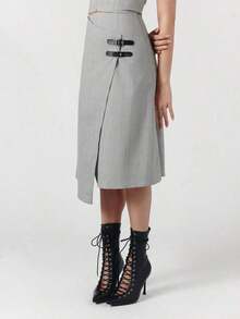 OverBlushhh Falda midi asimétrica con detalle de hebilla - Gris - Ver 7
