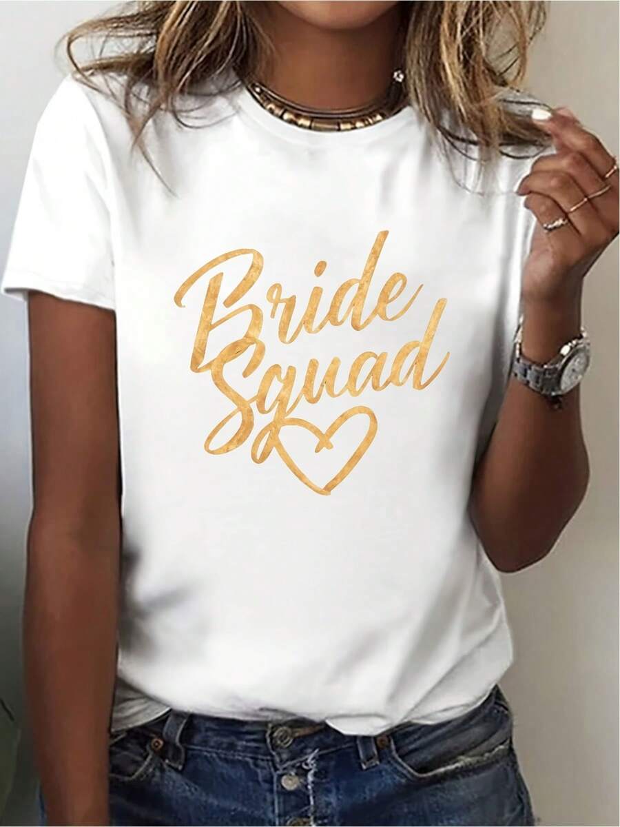 Cotton T-Shirt With A Cursive Print Of A Bride And Bridesmaids, Short Sleeves, Round Neck, Casual Top, Women's Clothing For Spring/Summer, Comfortable And Loose-Fitting T-Shirt, Suitable For Travel And Vacations. QMYB - 白色 - 查看 1