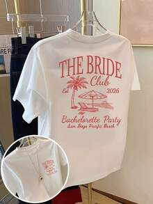 Women's 100% Cotton Short-Sleeved Loose-Fitting Vacation And Wedding Style T-Shirt With A Beach Bachelorette Party Print, "The Groom Club," Breathable, Casual, Perfect For Summer. This Wedding And Vacation Outfit Set Features A Letter Pattern. Made From Breathable Fabric, It's Ideal For Back-To-School Season And Outdoor Wear. A Great Gift Idea. IYJE - 白色 - 查看 8