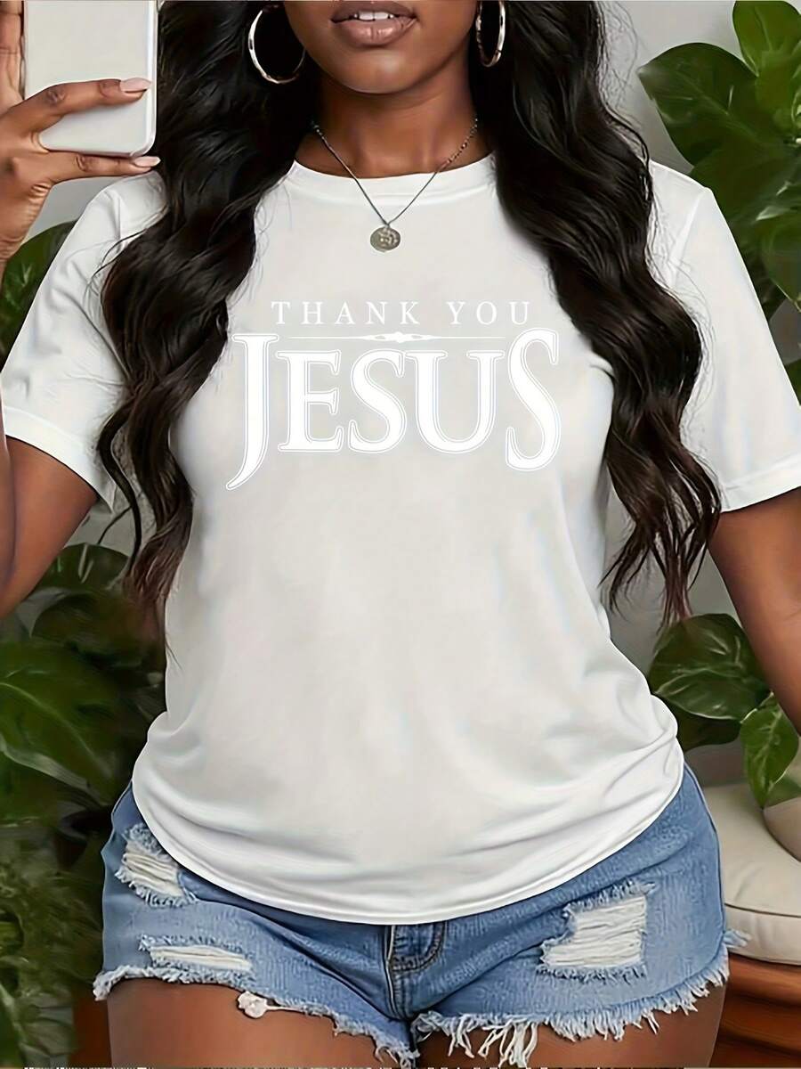 Camiseta de manga corta para mujer con estampado "THANK YOU", cuello redondo, lavable a máquina, cómoda, suave, transpirable, adecuada para primavera, verano y otoño. Holgada, casual, a la moda, ideal para ir al trabajo, uso diario, sencilla y versátil. - Blanco - Ver 1