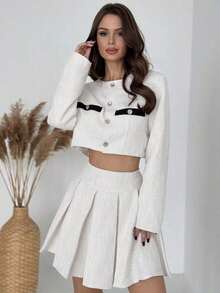 Set de 2 piezas para mujeres con blusa de cuello redondo y botones y minifalda - Blanco - Ver 3