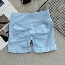 Pantalones cortos de yoga sin costuras de cintura alta para mujer - Levantamiento de glúteos elástico, adecuado para correr, fitness y actividades al aire libre| Apariencia de moda| Tela elástica de verano - Celeste - Ver 2