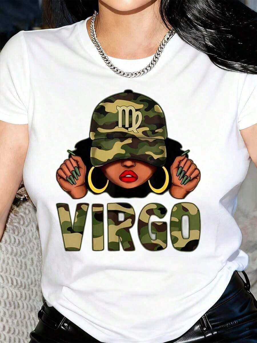 New Arrivals For Summer. Women's T-Shirt, Camouflage Cap With Virgo Symbol And Bold Lettering, Camouflage Cap With Virgo Symbol, Gold Hoops, Red Lips. Blouse, Shirt > Beautiful. - 白色 - 查看 1