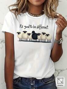 Women's Graphic T-Shirt "It's Good To Be Different" With Black Sheep - Casual Short-Sleeved Crew Neck T-Shirt With Medium Stretch, Suitable For Summer, Casual Wear And Layering, Top Not Blouse Style (Machine Washable) - 白色 - 查看 1