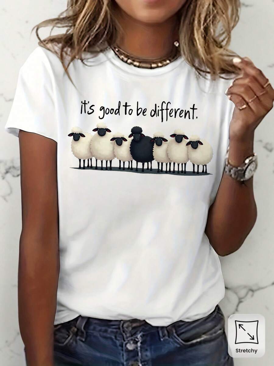 Women's Graphic T-Shirt "It's Good To Be Different" With Black Sheep - Casual Short-Sleeved Crew Neck T-Shirt With Medium Stretch, Suitable For Summer, Casual Wear And Layering, Top Not Blouse Style (Machine Washable) - 白色 - 查看 1