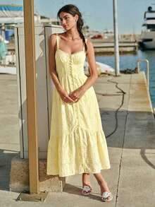 Vestido de tirantes informal de unicolor con bordado hueco para vacaciones de mujer - Amarillo - Ver 4