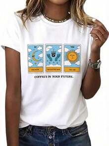 100% cotton Camiseta de manga corta con cuello redondo para damas al estilo casual, con estampado de cartas de tarot blancas y lema de café, adecuada para uso diario - Blanco - Ver 2
