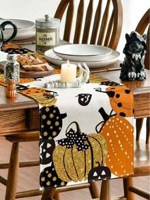 1pc Halloween Linen Table Runner, 183*33cm Colorful Pumpkin Pattern Polyester Table Runner, Halloween Decoration, Halloween Party Dining Table Decor, Home Decor, Halloween Candy Decor, Happy Halloween Decoration, Dining Table Centerpiece, Scary Halloween Decor, Tabletop Decoration - Multicolor - View 7
