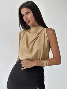 Blusa asimétrica plisada de color albaricoque, elegante y de moda para uso diario, oficina, vacaciones y festivales de música, primavera/verano - Caqui - Ver 9