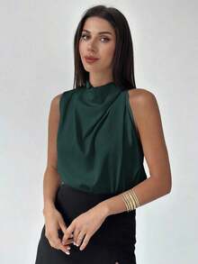Camisa asimétrica plisada de color albaricoque, elegante y de moda, para uso diario en la oficina, de vacaciones o en festivales de música, para primavera/verano - Verde Oscuro - Ver 3