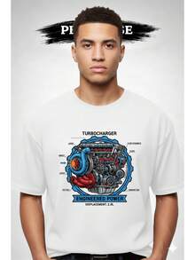 - Premium unisex sommar-T-shirt i överdimensionerad storlek med schematiskt tryck på bilmotorn, bekväm och lös - Tillbaka - Visa 7