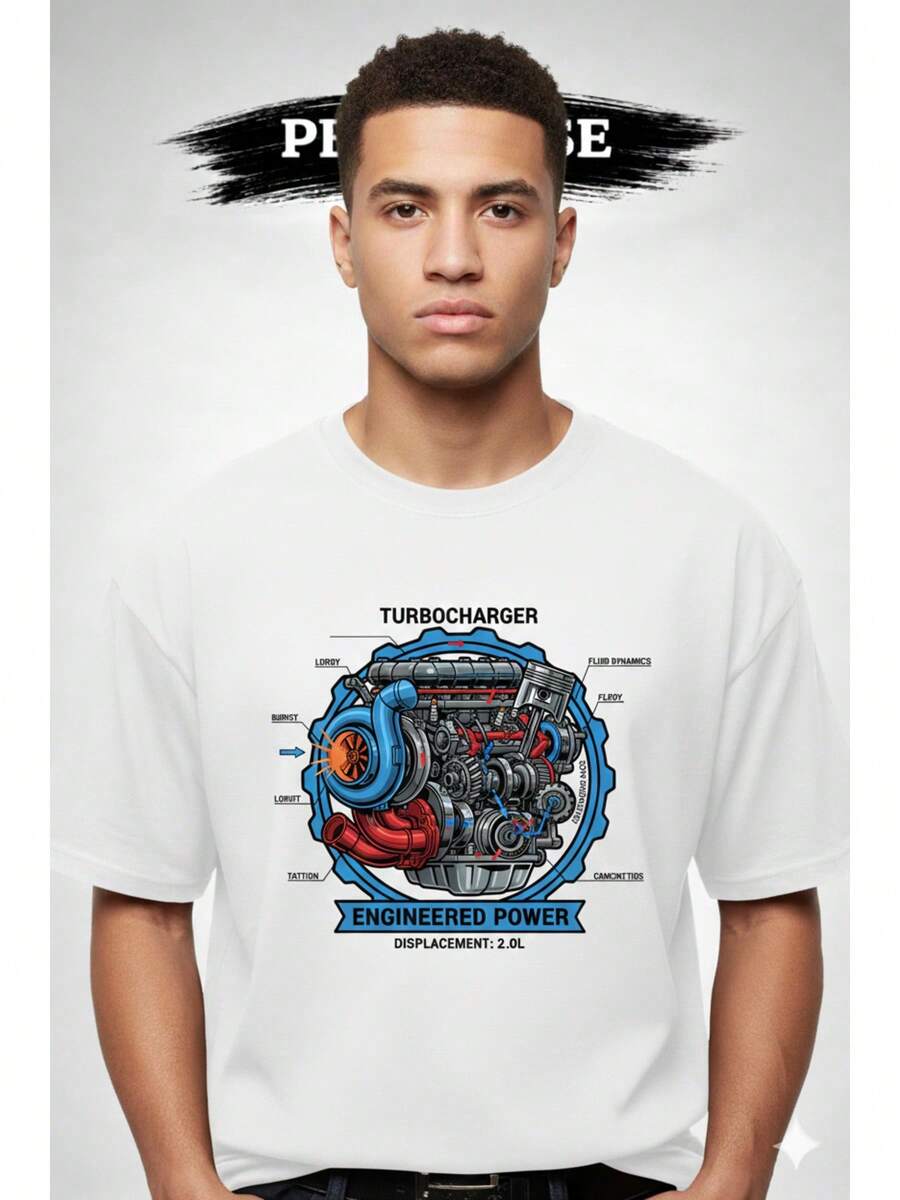 - Premium Unisex Summer Oversized T-Shirt With Car Engine Schematic Print, Comfortable And Loose - White - View 1