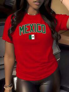 1 Piece Women's Vintage Style Mexican Flag Graphic Print T-Shirt, National Pride, Round Neck, 100% Cotton, Urban Style, Summer Clothing, Vintage T-Shirt. - 紅色 - 查看 7