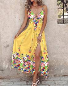 Women's White Dress With Black Tropical Leaf Print, V-Neck With Ruffles, High Leg Cut With Slit, Thin Straps, Lightweight Fabric Ideal For Beach, Summer Vacation And Pool Parties, Boho Chic And Sexy Style - 彩色 - 查看 7