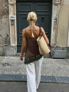 Camiseta elegante y sexy de mujer con estampado de leopardo y encaje en contraste, camiseta de estampado de leopardo elegante, top de fiesta, atuendos de playa y vacaciones para mujeres, top para salir - Marrón - Ver 4