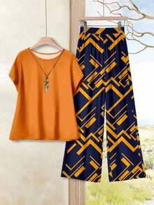 2 piezas Conjunto ajustado de mujer con estampado geométrico de bloques de color, adecuado para primavera y verano, apropiado para salir, casual - Multicolor 3 - Ver 3