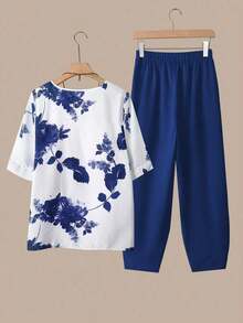 2 piezas Conjunto de top y pantalones casuales estampados para mujer - azul real - Ver 2