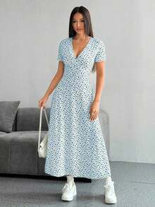 Vestido casual de verano con cuello en V, manga corta y estampado floral diminuto (corte aleatorio) para mujer - Multicolor - Ver 5