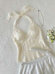 Top halter sin espalda con parches de lunares y encaje para mujer - Beis - Ver 4