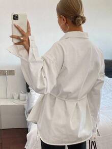 Blusa vaquera de manga larga con botones frontales y nudo delantero para mujer - Blanco - Ver 5