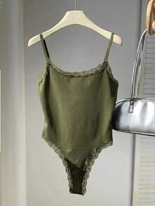 Body Con Tirantes Finos Y Ribete De Encaje Para Mujer - Verde militar - Ver 1