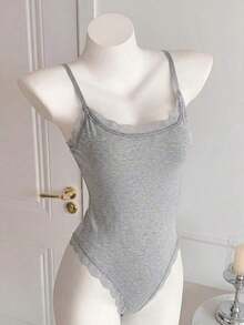Body Con Tirantes Finos Y Ribete De Encaje Para Mujer - Gris Claro - Ver 6