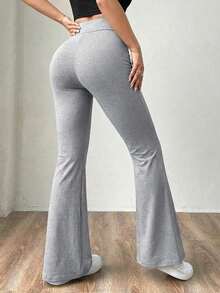 Pantalones de punto azul marino con campana para mujer - Gris - Ver 2