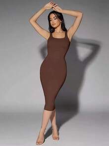 Vestido tank de espalda baja unicolor - Café integral - Ver 1
