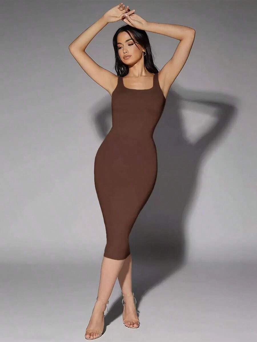 Vestido tank de espalda baja unicolor - Café integral - Ver 1