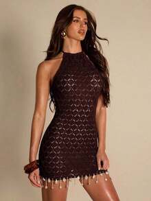 Vestido de suéter elegante sin espalda para fiesta en la playa - Café integral - Ver 5