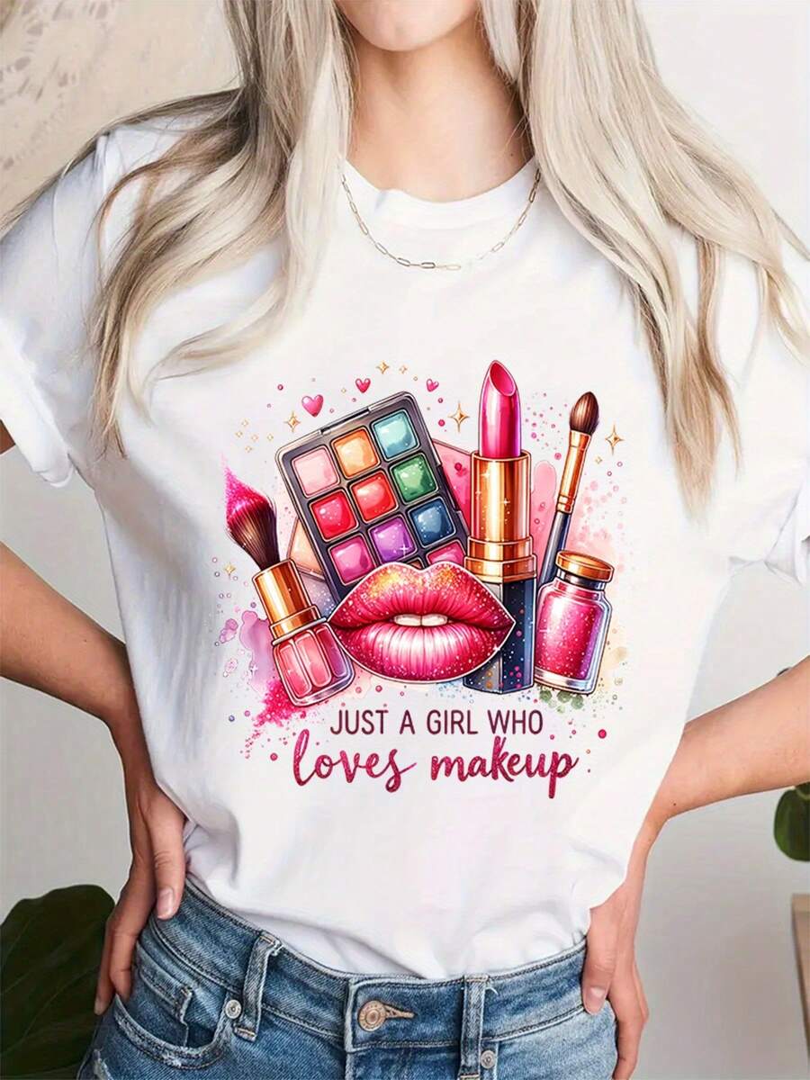 Una camiseta estampada para las que aman el maquillaje, con cuello redondo casual y mangas cortas, ideal para primavera y verano, cómoda y transpirable, perfecta para todas las estaciones, ropa deportiva para mujer - [Blanco] - Ver 1