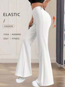 Pantalones acampanados de cintura alta de unicolor para mujer de talla pequeña, color negro, para primavera - Blanco - Ver 4