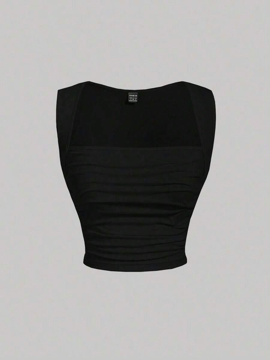 Set de 4 camisetas de tirantes con cuello de pico y pliegues en colores variados - Negro - Ver 1